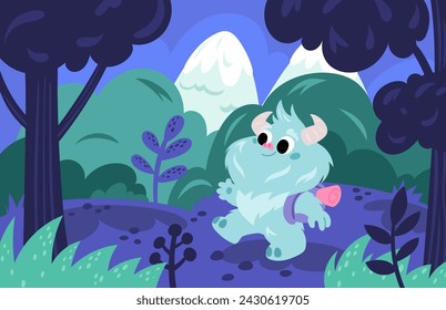 Cartoon yeti walks. Cute snowman in nature goes hiking with backpack. Fantastic shaggy creature. White bigfoot in wild forest. Hairy monster. Sasquatch traveling. Garish