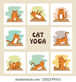 Cartoon yoga cat vector illustration. Funny yoga set for kids