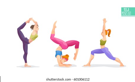 Cartoon yoga girls set. Young women in different asanas poses. Fitness characters. Vector Isolated illustration for print on T-shirt and bags, yoga studio and fitness club posters on white background.