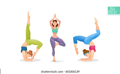 Cartoon yoga girls set. Young women in different asanas poses. Fitness characters. Vector Isolated illustration for print on T-shirt and bags, yoga studio and fitness club posters on white background.