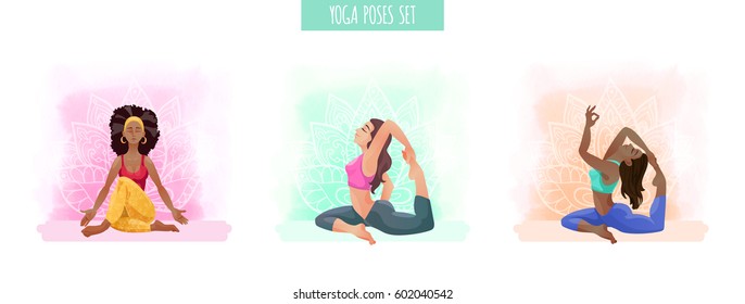 Cartoon yoga girls set. Young women in different asanas poses. Fitness characters. Vector Isolated illustration for print on T-shirt and bags, yoga studio and fitness club posters on white background.
