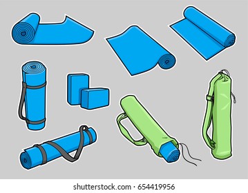 Cartoon yoga mat in a variety of poses, including straps, bag, and foam bricks. Gray background on separate layer for easy editing & removal. 
