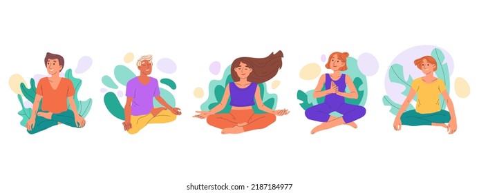 Cartoon yoga meditation, relaxing characters in lotus pose. People breath training and practicing yoga flat vector symbols illustration. Peaceful tranquil people