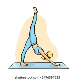 Cartoon yoga pose dog face down young girl illustration