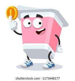 cartoon yogurt in plastic package mascot keeps the coin on white background