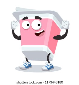 cartoon yogurt in plastic package mascot shows its strength on a white background