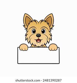 A cartoon Yorkshire Terrier is peering over a white sign