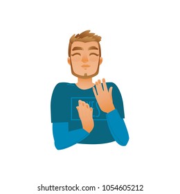 Cartoon young adult man clapping hands with eyes closed. Male happy character with satisfied face expression clap in blue pullover. Isolated vector illustration, white background