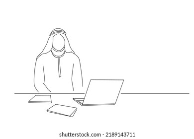Cartoon of young arab businessman have neck gypsum. Single continuous line art style
