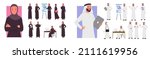 Cartoon young arab woman and man working, pointing on presentation board, walking isolated on white. Saudi businesswoman and businessman in different gestures and poses set vector illustration