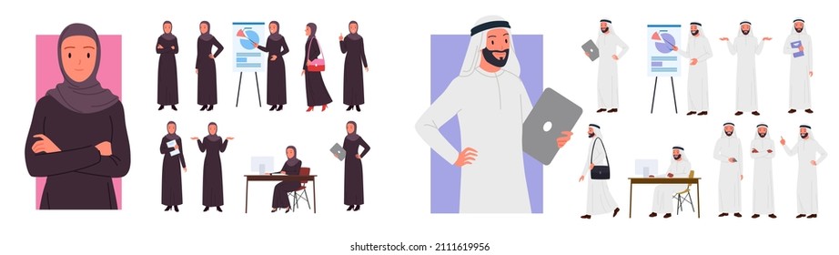Cartoon young arab woman and man working, pointing on presentation board, walking isolated on white. Saudi businesswoman and businessman in different gestures and poses set vector illustration