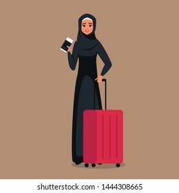 Cartoon young arab woman stands with tickets and luggage for travel. Vector illustration isolated from background