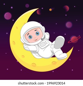 cartoon young astronaut on the crescent moon