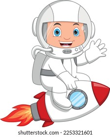 cartoon young astronaut riding a rocket