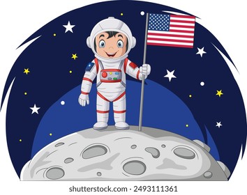 Cartoon junger Astronaut, der auf dem Mond steht und die amerikanische Flagge hält