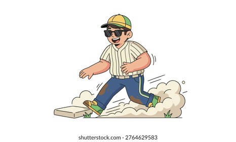 Cartoon Young Baseball Player Sliding Into Base During Game Vector Illustration