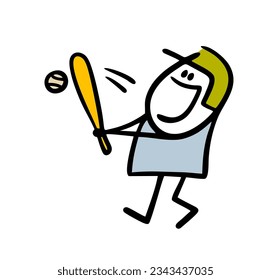 El joven jugador de béisbol de caricatura con uniforme golpea la pelota con un bate. Ilustración vectorial del deporte nacional americano. Esbozo dibujado a mano aislado en fondo blanco.