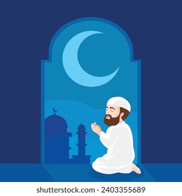 Cartoon young bearded muslim man hands praying in the mosque at beautiful night sky with crescent moon and star, happy eid adha mubarak Vector Illustration