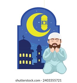 Cartoon young bearded muslim man hands praying in the mosque at beautiful night blue sky with crescent moon and star, happy eid adha mubarak Vector Illustration