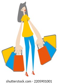 Cartoon young beautiful girl shopping. Many shoppers in the hands. Woman with bright makeup and clothing. Modern vector illustration. You can add text or ads. For Sale, shopping. Hand Draw.