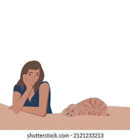 Cartoon young beautiful long brown hair woman is Sitting at table,bored with cat. Cute girl has Anorexia-cachexia syndrome.Lady with healthy foods.Vector flat design idea concept Loss of Appetite