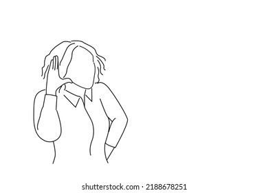 Cartoon of young beautiful woman cupping hand behind ear. line art style

