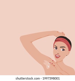  Cartoon young beautiful woman wrapped her hair in a pink cloth is smiling, raise arm and using armpit cream. Vector isolate flat design concept for  Beauty, skincare, makeup , cosmetic banner or web.