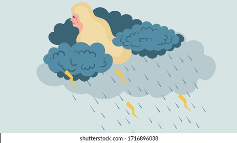 Cartoon young blonde sad unhappy woman in depression on blue, illustration vector. Dark clouds and rain near head, who cry. Embarrassed girl with long hair think about her nuisance, female depression.