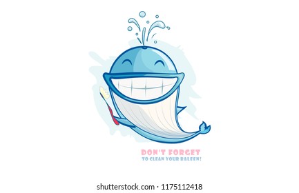 Cartoon young blue whale that is smiling, holding a toothbrush. Happy and health mascot