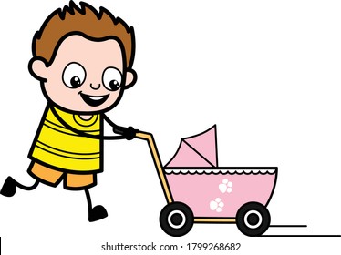 Dibujo de un niño pequeño con un personaje de carrito de bebé Ilustración de diseño