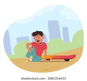 Cartoon Young Boy Crying After Falling Off His Skateboard In A Park With Cityscape Background. Character Sits On The Ground Holding His Injured Knee, Expressing Pain And Sadness. Vector Illustration