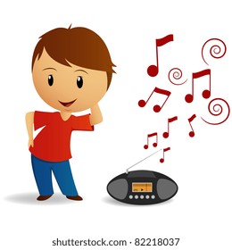 Cartoon young boy dance with radio recorder. Vector illustration.