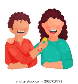 Cartoon Young Boy Feeding Laddu (Indian Sweet) To His Sister On White Background.