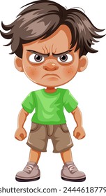 Cartoon of a young boy frowning with arms akimbo