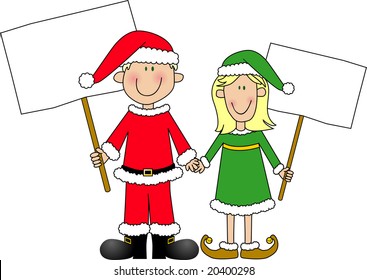 Cartoon of young boy and girl dressed in Santa Claus & Elf suits holding signs.