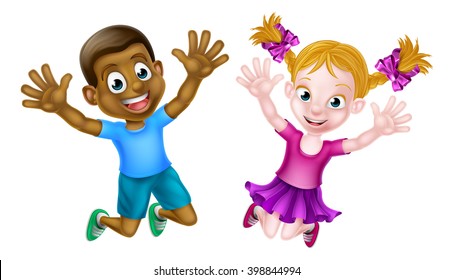 Cartoon young boy and girl, one black and one white, jumping for joy