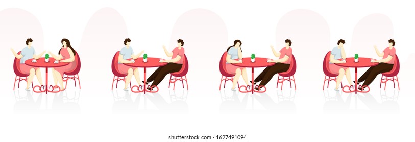 Cartoon Young Boy and Girl Talking Together Sit on Restaurant or Cafe.
