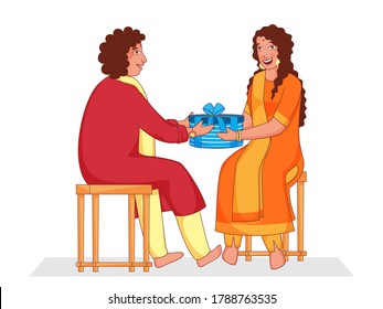Cartoon Young Boy Given Gift Box To His Sister Sitting On Stools.