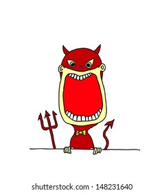 A cartoon of a young boy in a Halloween red devil costume with his mouth wide open with blank space for text.