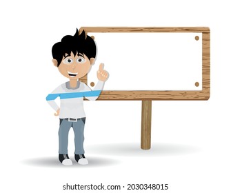 cartoon young boy with idea gesture in front of blank banner sign