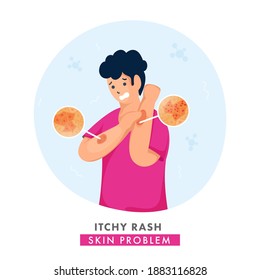 Cartoon Young Boy Itching His Hands And Showing Skin Rashes on White Background.