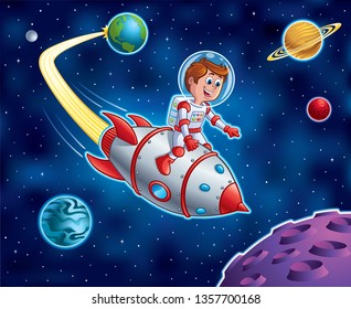 Cartoon of a young boy riding on top of a rocket ship that blasted off from Earth and is flying through outer space with planets and stars in the background.