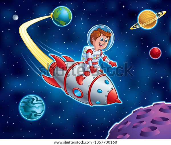 地球から飛び立ち 宇宙空間を飛び回るロケット船の上に乗る少年のアニメ 背景に惑星と星を持つ のベクター画像素材 ロイヤリティフリー