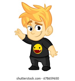 Cartoon young boy rock-n-roll fan. Vector illustration of  cute blond teenager in black clothes. Outlined