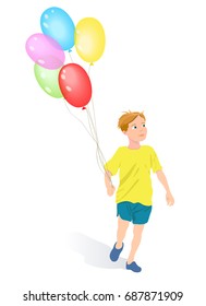 cartoon young boy running and holding balloons isolated on white. happy childhood theme illustration, vector