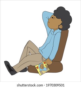 cartoon young boy sitting holding a photo of his girlfriend
