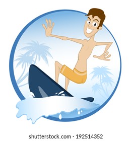 Cartoon young boy surfer riding on a wave vector cartoon illustration