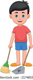 Cartoon Young Boy Sweeping Floor