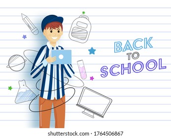 Cartoon Young Boy Using Tablet with Doodle Style Supplies Elements and Computer on Horizontal Striped White Background for Back To School Concept.