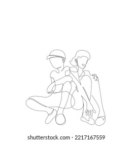 Cartoon Young boy wearing cap   girlfriend are sitting together in single line drawing style Couple sitting together in hand drawn one lin Vector illustration flat continue line for Valentine’s Day 